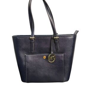 MICHAEL KORS Navy Jet Set Medium Top Zip Pocket Tote Shoulder Bag